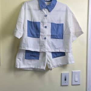 la Diosa Stylish White and Blue Button-Up Crop Top with Matching Shorts